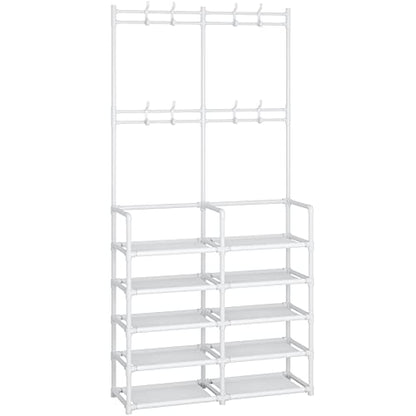 Laiensia 5-Tier Entryway Coat Rack, Coat and Shoe Rack, Entryway Bench Storage Organizer with 8 Hooks for Bedroom, Hallway, Office, White - color: White