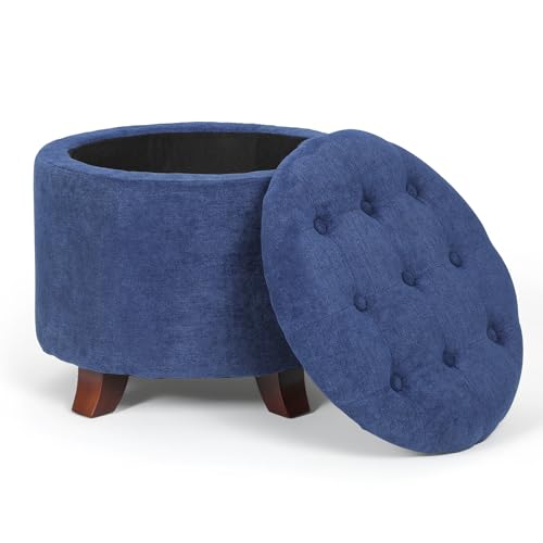 Athena Collection 20 Inch Small Ottoman with Storage, Round Linen Fabric Storage Ottoman with Removable Lid, Stylish Footstool Foot Rest for Living Room, Bedroom, Dorm, Blue - color: Blue, size: 20"D x 20"W x 17"H