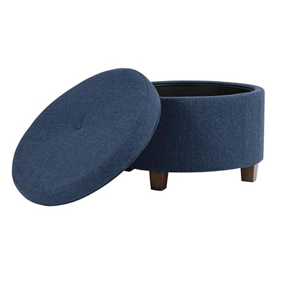 HomePop 24" Large Round Storage Ottoman - Blue Woven Fabric - color: Blue Woven Fabric