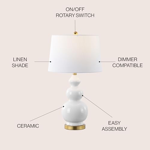 JONATHAN Y Bowen 27.5" Ceramic Triple Gourd Table Lamp, White/Brass Gold | Contemporary, White Linen Drum Shade, Modern Transitional Style, Metal Base, LED Bulb Included - color: White