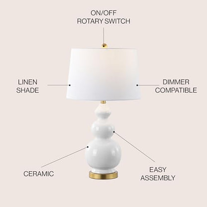 JONATHAN Y Bowen 27.5" Ceramic Triple Gourd Table Lamp, White/Brass Gold | Contemporary, White Linen Drum Shade, Modern Transitional Style, Metal Base, LED Bulb Included - color: White