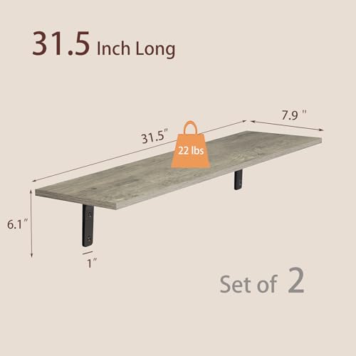 Long Wall Shelves, 31.5Inch Wooden Wall Mounted Shelves, Set of 2 | Floating Book Shelf, Metal Brackets, Easy Assembly, Max Load 22lbs, Wall Storage Ledges, Bedroom/Bathroom/Kitchen, Gray Wash - color: Gray Wash, size: 31.5 Inch