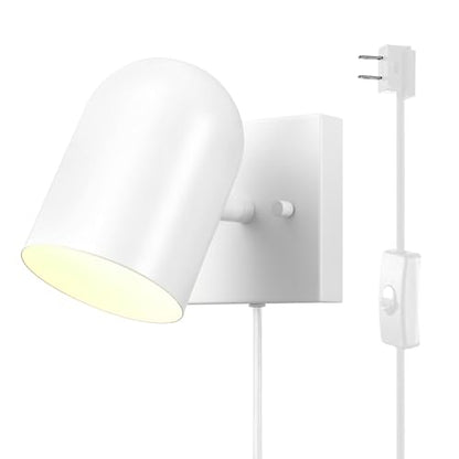 Globe Electric 1-Light Matte White Plug-in or Hardwire Wall Sconce | 6 ft braided cord, inline rocker switch, requires 1 E12 60W bulb (sold separately), 7x4.75x6 in, 65000146