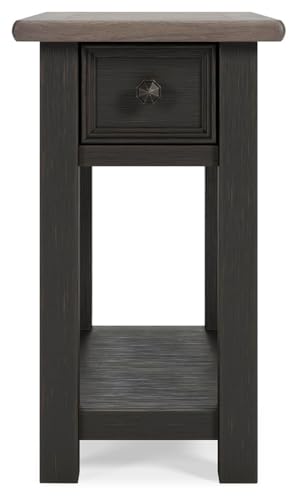 Signature Design by Ashley Narrow Chairside End Table with Charging Station | Smooth-gliding remote drawer, Lower display shelf, Rustic 2-tone finish, Tyler Creek Series - color: Black