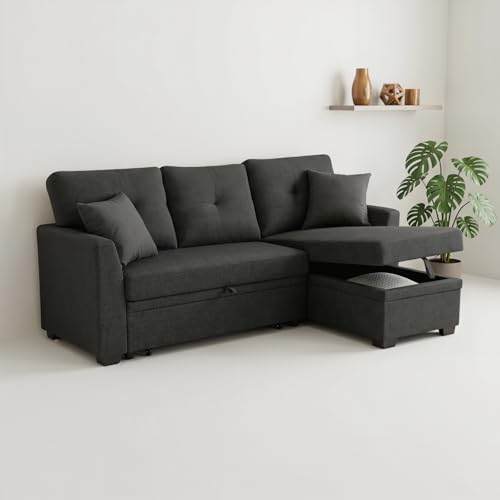 L Shape Queen 3-Seat Pull Out Sleeper Sofa Bed with Storage, Black | Convertible Sofa Bed, L Shape Sleeper Sofa wit, Reversible Storage Chaise, Tufted Fabric,Sectional Sleeper Sofa - color: C-charcoal Black-03c