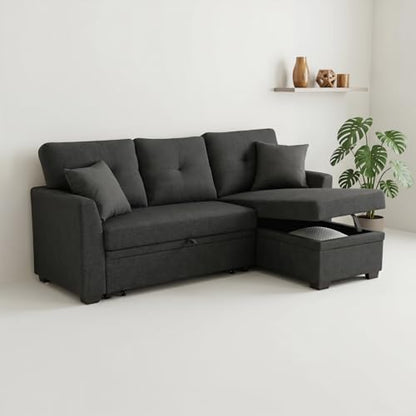 L Shape Queen 3-Seat Pull Out Sleeper Sofa Bed with Storage, Black | Convertible Sofa Bed, L Shape Sleeper Sofa wit, Reversible Storage Chaise, Tufted Fabric,Sectional Sleeper Sofa - color: C-charcoal Black-03c