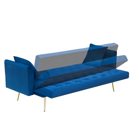 71" Modern Velvet Sofa Bed Futon, Convertible Sleeper Couch, Adj. Backrest | Tufted Recliner Loveseat Design with Golden Chrome Legs & 2 Pillows, Perfect for Small Spaces, Living Room, Apartment - color: Blue