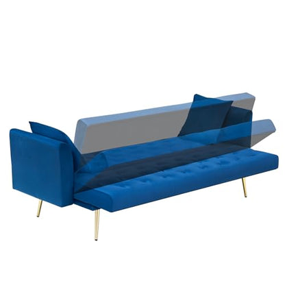 71" Modern Velvet Sofa Bed Futon, Convertible Sleeper Couch, Adj. Backrest | Tufted Recliner Loveseat Design with Golden Chrome Legs & 2 Pillows, Perfect for Small Spaces, Living Room, Apartment - color: Blue