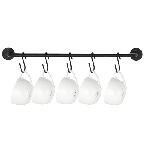 Mkono Wall Mounted Mug Holder, Coffee Cup Hanger Rack with 5 Hooks, 1 Pack | Kitchen Rod, Space Saving, Easy Assembly, Wall & Under Cabinet, Durable Metal, Kitchen Dining Bar Organizer, Multi-Function - size: Medium