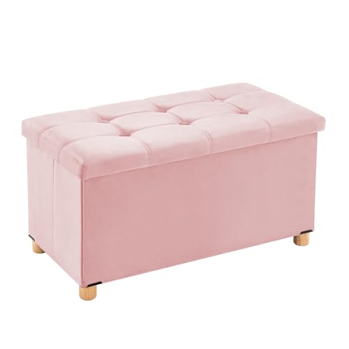 YOUDENOVA 30" Velvet Ottoman with Storage, Wooden Legs, Pink | Velvet ottoman with hidden storage, padded seat and sturdy wooden legs for bedroom or living room. - color: Pink