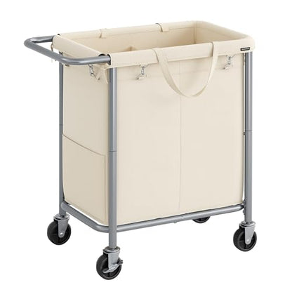 SONGMICS Laundry Basket with Wheels, 2-Section Rolling Laundry Hamper, 37 Gallons (140 L), Removable Liner, Steel Frame with Handle, 27.2 x 15.4 x 31.9 Inches, Cream White URLS004W01 - color: Cream White, size: 140 L (2-Section)