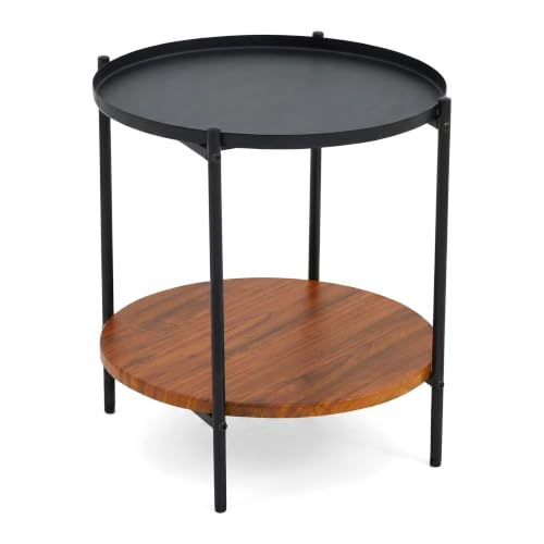 Round End Table with 2 Tier Storage, Modern Side Table with Wood Grain Lower Shelf and Durable Metal Frame, Small Accent Table for Sofa, Bedroom, Living Room, Apartment and Office