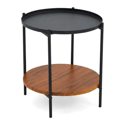 Round End Table with 2 Tier Storage, Modern Side Table with Wood Grain Lower Shelf and Durable Metal Frame, Small Accent Table for Sofa, Bedroom, Living Room, Apartment and Office