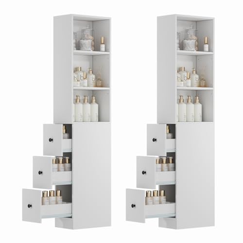 ARTETHYS Tall Narrow Free Standing Bathroom Storage Cabinet Set of 2, White | 3-Level Adjustable Shelves, Home - Space Saver for Living Room Kitchen, 3 Drawers - color: White Set of 2