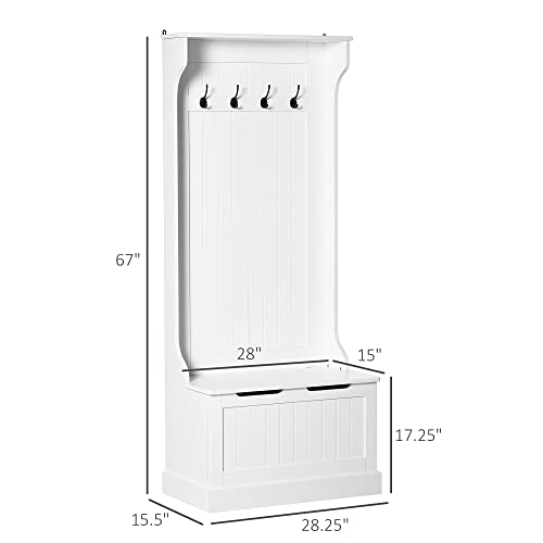 HOMCOM Hall Tree with Bench and Shoe Storage 3-in-1 Coat Rack White | Slim Bench with Coat Rack, 4 Hooks, Flip Top Storage Compartment - color: White, size: 28"