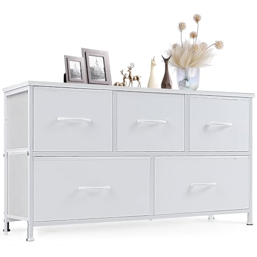 Sweetcrispy Dresser for Bedroom with 5 Drawers, Fabric Tower Organizer | Chest of Drawers with Metal Frame Wooden Top for Closet, Living Room, Entryway, White - color: White, size: 39.4"D x 11.8"W x 20.9"H (5 Drawers)