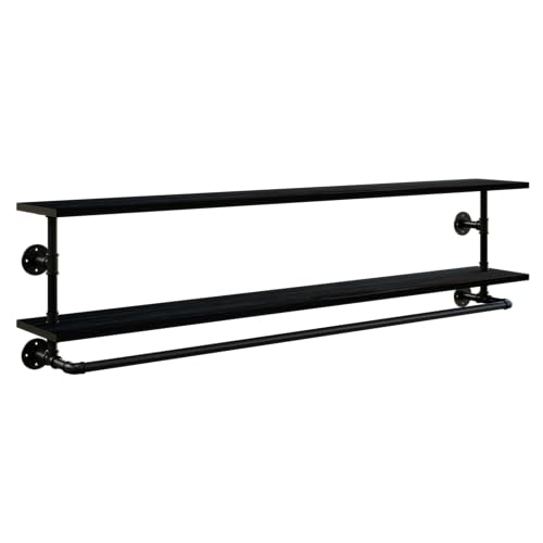 Black Clothes Rack 60in, 2-Tier Wall Mounted Garment Rack with Real Wood Shelf, Heavy Duty Hanging Clothes Rack, Multi-Purpose Hanging Rod, Space-Saving Closet Storage - color: Black, size: 2T60IN