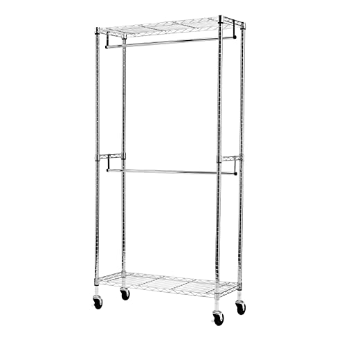 Amazon Basics Adjustable Clothes Rack for Handing, Double Hanging Rod Garment Rolling Closet Clothing Organizer, Chrome, 36'' x 14'' x 72'' - color: Chrome
