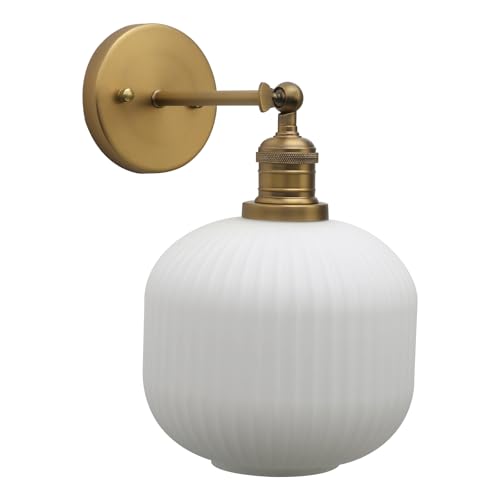 Modern Wall Sconce Lamp Milk White Round Glass, Hardwired Frosted Vintage Wall Vanity Light Fixture for Farmhouse Living Room Bedroom Bathroom Loft - color: Brass Gold