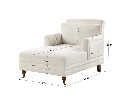 57.48'' Chaise Lounge Chair with Adjustable Backrest, Terry White | Chaise Lounge Chair Indoor, Modern Chaise Lounge Couch, Upholstered Leisure Recliner for Living Room, Apartment, Bedroom - color: White Terry
