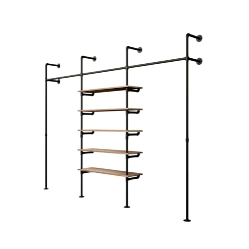 pamo Wall Mounted Clothing Rack with Oak Sheves – 117" W × 87" H, 1014 lbs | 5x Oak Shelves, Heavy Duty Closet Organizer, Powder Coated, Scratch-Resistant, Single Rod, Easy Assembly