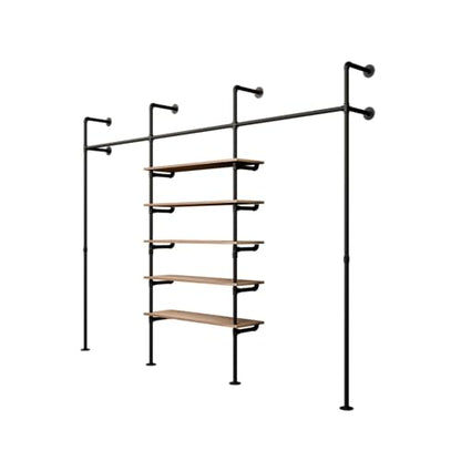 pamo Wall Mounted Clothing Rack with Oak Sheves – 117" W × 87" H, 1014 lbs | 5x Oak Shelves, Heavy Duty Closet Organizer, Powder Coated, Scratch-Resistant, Single Rod, Easy Assembly