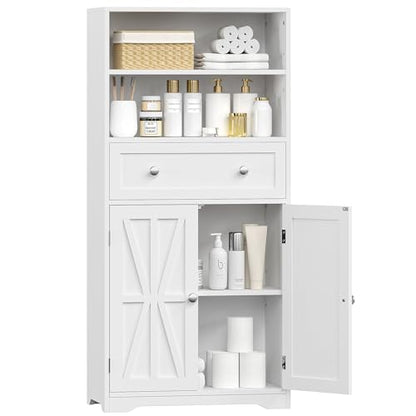 VECELO Bathroom Floor Storage Cabinet with Drawer, Freestanding Storage Unit with Adjustable Shelves, Open Compartments, for Bathroom, Living Room, Kitchen, White