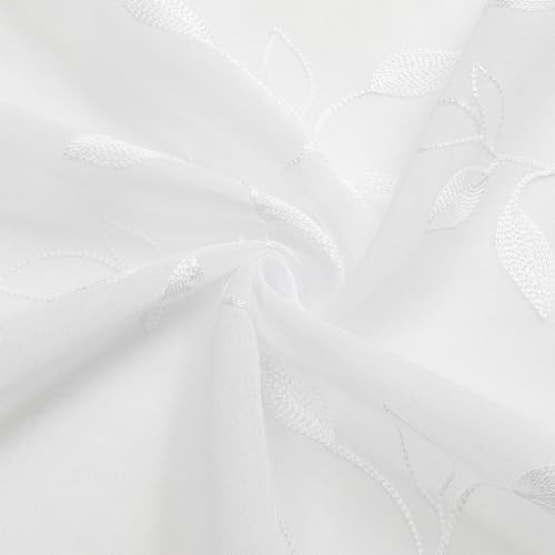 Tollpiz White Leaf Sheer Tier Curtain Kitchen 30 x 36 Inches | Leaves Embroidered Curtains Rod Pocket Voile Bathroom Window Treatment for Cafe, Set of 2 Panels - color: White, size: 30"W x 36"L (Pack of 2)