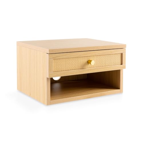 JONATHAN Y Celerie 15.7" Rattan Floating Nightstand, Light Oak | Soft-Close Storage Drawer, Wall Mounted Side Table, Built-In Cable Hole, Open Shelf Cubby, Mid-Century Modern Bohemian - color: Light Oak, size: Set of 1, style: Celerie