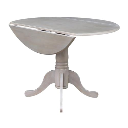 IC International Concepts, 42" Round Dual Drop Leaf Pedestal Dining Table, Solid Real Wood, Sturdy Parawood, Dimensions 42"D x 42"W x 29.5"H, 20mm thickness, 40lbs Weight Capacity, Washed Gray Taupe - color: Washed Gray Taupe