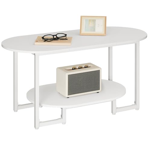 HOOBRO Coffee Table for Living Room, Oval Small Coffee Table with 2-Tier Open Storage Shelf, Industrial Cocktail Tea Table, Wooden Desktop Center Table, Farmhouse, Home Office, White WW09KF01 - color: White