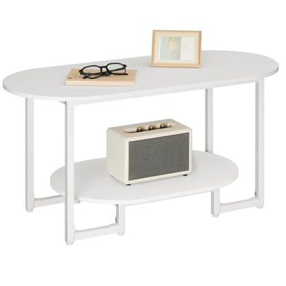 HOOBRO Coffee Table for Living Room, Oval Small Coffee Table with 2-Tier Open Storage Shelf, Industrial Cocktail Tea Table, Wooden Desktop Center Table, Farmhouse, Home Office, White WW09KF01 - color: White