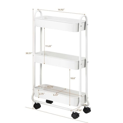 SunnyPoint Slim Rolling Storage Cart, 3 Tier Bathroom Storage Organizer Bathroom, Laundry Utility Cart (White) - color: White