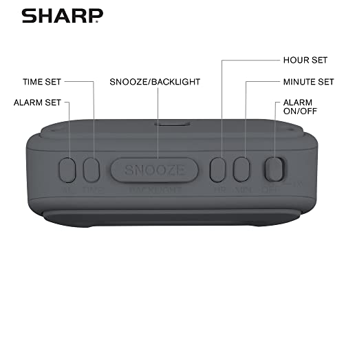 Sharp Battery Alarm Clock, Soft-Touch Case and Backlight, Charcoal Black | Soft-touch rubberized case; Battery operated; Blue backlight on demand; Ascending alarm; Snooze; Easy to use - color: Charcoal Black