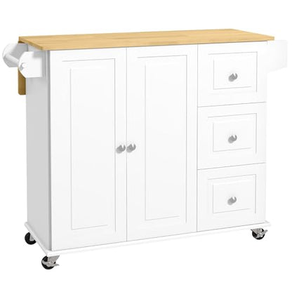 HOMCOM Drop Leaf Kitchen Island on Wheels, Rolling Kitchen Cart with Cabinet, 3 Drawers, Wooden Top, Towel Rack and Spice Rack, White