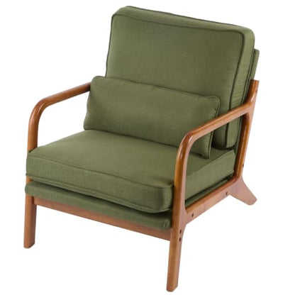 Karl home Mid-Century Modern Accent Reading Chair, Green | Linen Upholstered, Solid Wood Frame, Soft Cushion, Lumbar Pillow, Lounge Armchair for Living Room, Bedroom, Balcony, Study - color: Linen Green