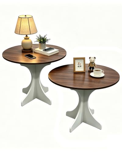 24in Modern Round Side Table Set of 2, Accent End Table Coffee Table with Amber Wood Grain Tabletop & White Curved Base for Living Room Bedroom Sofa Corner, Pedestal Nightstand for Indoor/Outdoor - color: 24in-amber+white-2pack