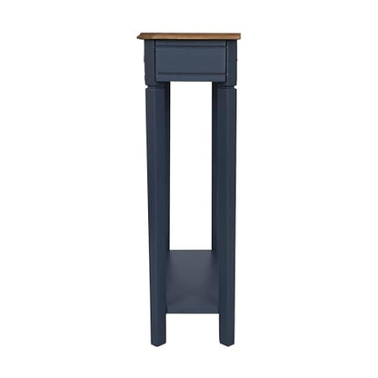 Marnie Console Table – 23.75” Wide Navy Blue Entryway Table with Storage Drawer & Shelf – Slim Accent for Hallways, Foyers, Living Rooms and Small Spaces – Handcrafted Bayur Wood | 23.75-inch slim hallway table with lower shelf, two-tone wood finish, blue