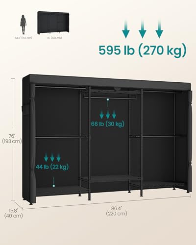 SONGMICS Heavy-Duty Rolling Clothes Rack, Garment Rack, Portable Closet, with Adjustable Mesh Shelves and Hanging Rails, Fabric Cover, 15.8 x 86.4 x 76 Inches, Ink Black ULGR437BH01 - color: Ink Black, size: 86.4"L x 76"H, style: With Fabric Cover