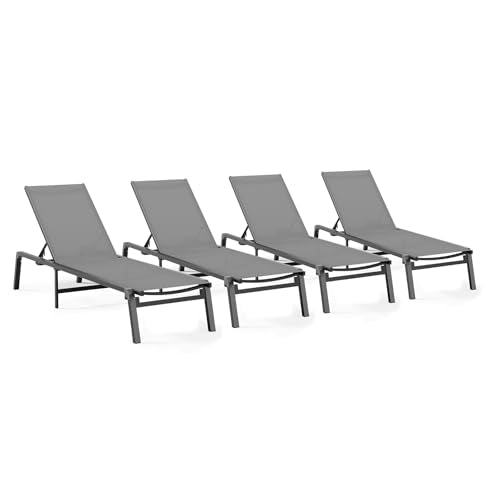 Patio Chaise Lounge Chair Set of 4, Foldable Lounge Chair for Outside, Aluminum Chairs with 5 Adjustable Backrest, Outdoor Pool Lounger for Poolside, Patio, Deck, Grey - color: Grey, size: 4 Packs