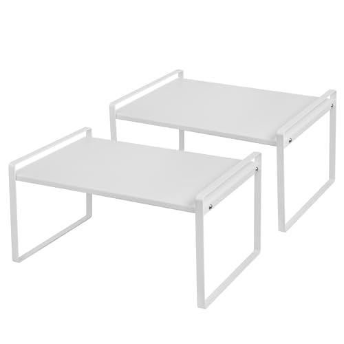 Nxconsu Stackable Cabinet Shelf Organizer 2 Pack, Wide Tall White | Heavy-Duty 3mm Steel Stackable 2-Tier Shelf, Holds 50 lb, for Kitchen Cabinet Pantry Cupboard Counter Bathroom Under Sink - color: White, size: Wide Tall - 12"D x 9.5"H