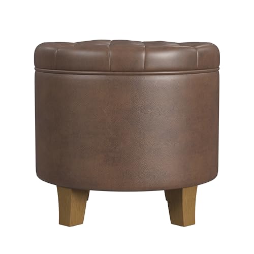 HomePop 19" Faux Leather Button Tufted Round Storage Ottoman - Brown - color: Brown Faux Leather
