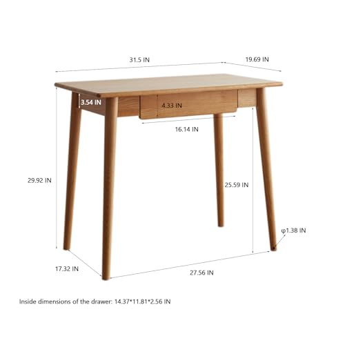 31" Solid Oak Narrow Writing Desk with Drawer, Tapered Legs | Mid-Century Modern, Natural Finish, Space-Saving, Easy Assembly, Compact Storage Desk, for Bedroom, Home Office, Small Spaces - size: 31.5"W