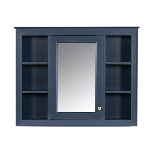 Wall Mounted Medicine Cabinet, Bathroom Storage Cabinet with Mirror Door and 6 Adjustable Open Shelf (7.3" D x 35" W x 27.5" H) (Blue) - color: Blue