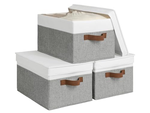 StorageWorks Fabric Storage Bins with Lids, Closet Storage Bins | Lidded Dust-proof, Easy Pull Handles, Foldable, Stackable, Ideal for Clothes Blanket Towel, Large, Gray and White, 3-Pack - color: Gray and White, size: Large