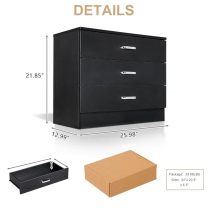 Vasitelan Wooden 3 Drawer Dresser, Modern Storage Chest of Drawers, Wood Bedside Table Night Table for Bedroom,Living Room (Black) - color: Black