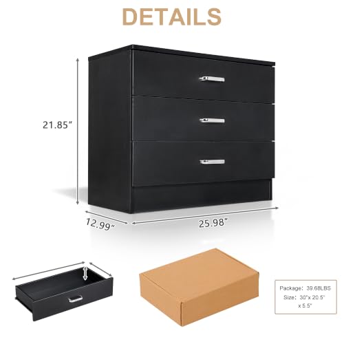 Vasitelan Wooden 3 Drawer Dresser, Modern Storage Chest of Drawers, Wood Bedside Table Night Table for Bedroom,Living Room (Black) - color: Black