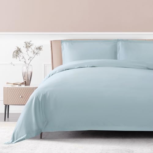 THE COTTON & SILK® Long-Staple Cotton Duvet Cover Set - Queen Size | Misty Blue | 1 Duvet Cover & 2 Pillow Shams | Soft, Breathable, Comfortable, Luxury | Sateen Weave | Genuine 300 TC - color: Misty Blue, size: Queen Set (87“ x 93", 20"x30")