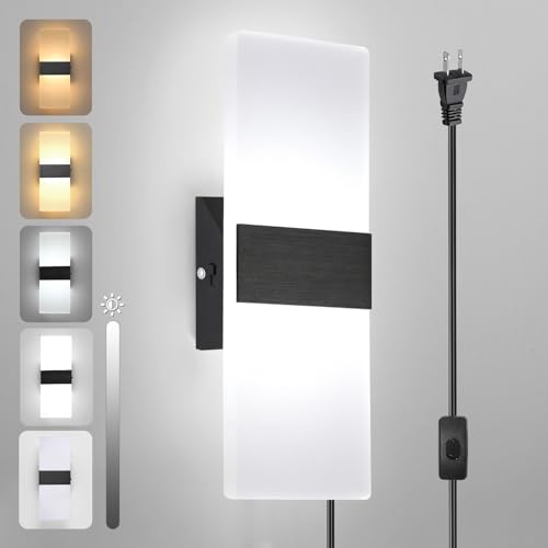 TRLIFE Modern LED Wall Sconce, Adjustable 4 Color Temperature 12W Morden Wall Sconce Plug in, Acrylic Wall Mounted Light Wall Lights with 6FT Plug in Cord for Bedroom Bedside Stairway(1 Pack, Black) - color: Black-4 Color Temperature, size: 1 Pack