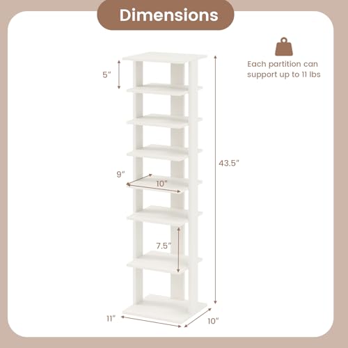 Tangkula 8-Tier Vertical Shoe Rack, Space-Saving Corner Shoe Organizer for 7 Pairs, Narrow Shoe Storage for Entryway, Front Door, or Closet - color: White, size: 10" x 11" x 43.5"